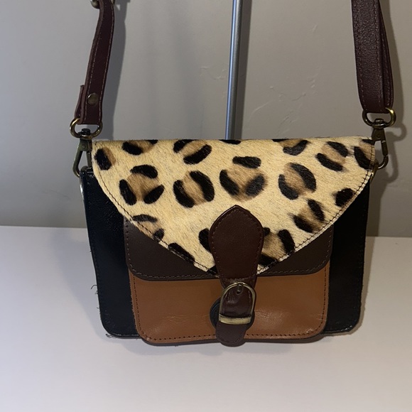 Leopard Hide and Leather Crossbody Satchel Purse - Picture 2 of 12